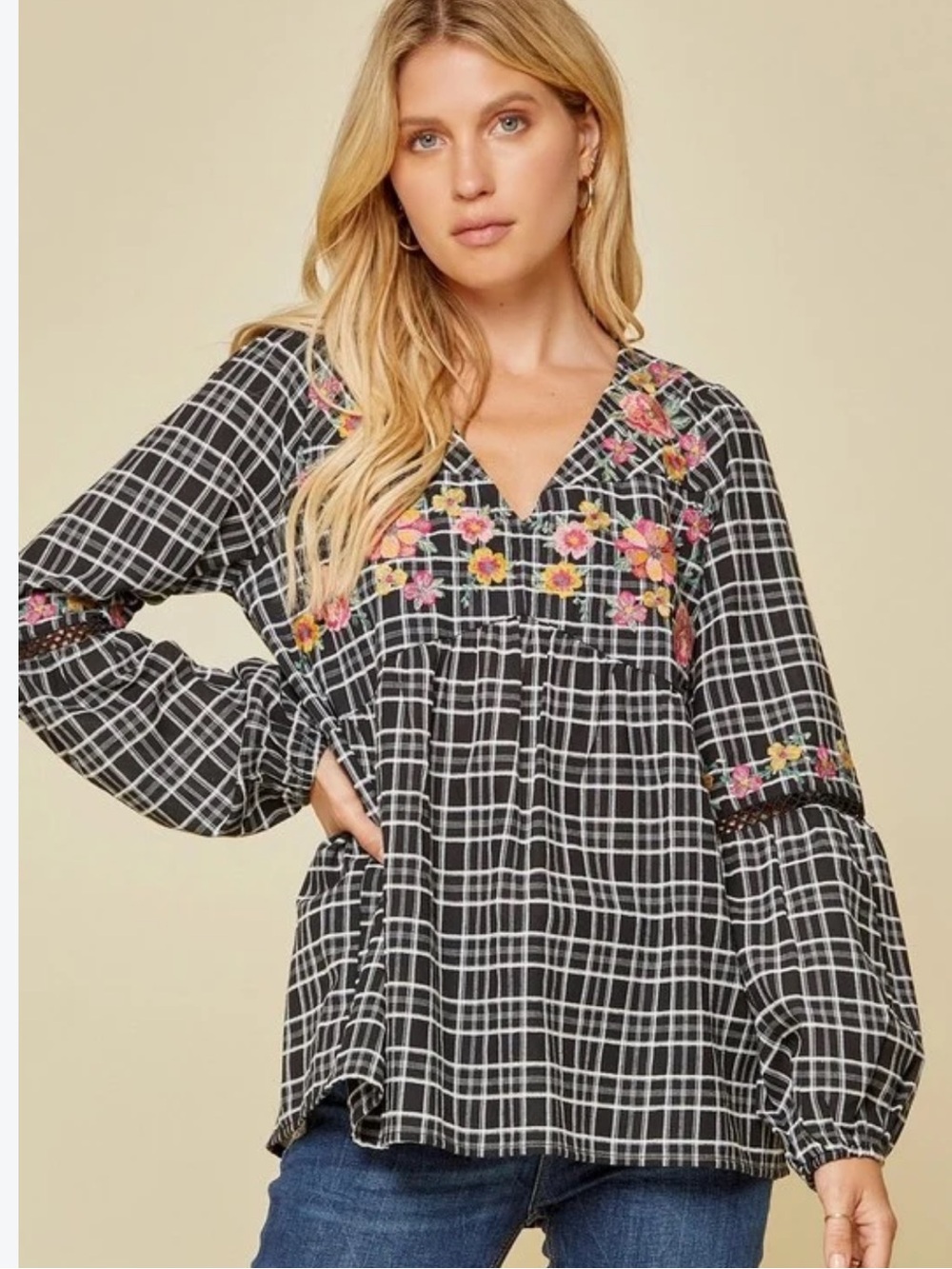 Savanna Jane Floral Embroidered Puff Sleeve Boho Chic Peasant Top Small